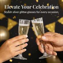 Prestee 200 Disposable Champagne Flutes Plastic 200 Pack - Silver Glitter Champagne Flutes For Weddings, Parties, And New Year\U2019s Eve - 4.5 Oz Plastic Silver Party Glasses - ColorG - 查看 2