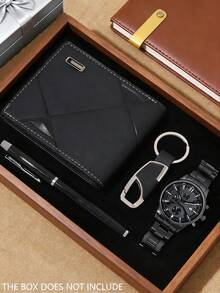 4-Piece Stylish Business Men's Watch Set, Including 1 Black Dial Quartz Watch With Black Strap, 1 Black Geometric Pattern Leather Wallet, 1 Business Pen, And 1 Keychain. The Overall Style Is Steady And Sturdy, Showcasing Fashionable Charm. Suitable For New Year's Office Commute, Business Meetings, Daily Outings, And Other Professional Occasions. - Black - View 1