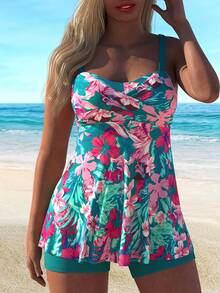 Tie-Dye Floral Print Plus Size Women's Tankini Two-Piece Swimsuit - Nhiều màu - Xem 3