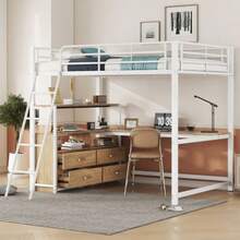 Hochbett, 140*200cm, Eisenrahmenbett, Practical Schubladen, Stylish L-Formiger Schreibtisch, Laminatdesign, Ohne Matratze, White - White - View 4