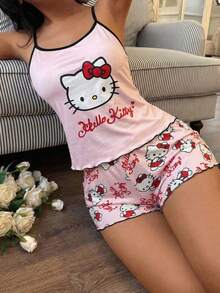 2pcs Women's Sanrio Hello Kitty Pink Cute Print Pajama Set, Home Wear Set, Summer/Spring Ladies Apparel, Valentine's Day, Camisole Top + Shorts, Casual Outfit - Pink - View 2