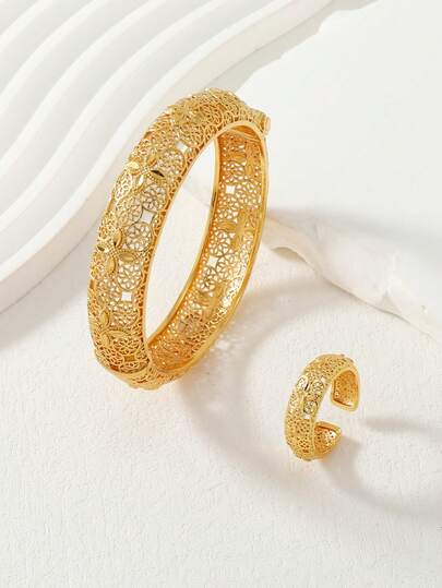 2pcs Middle Eastern Ramadan Hollow Pattern Full Bangle & Ring Jewelry Set, Ideal Ramadan Festival Gift