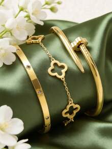 3件套经典优雅四叶草水晶装饰不锈钢链手链套装，镂空花卉饰品，适合女性日常、节日、情人节、家庭佩戴，高品质礼品饰品 - 金黃色 - 查看 5