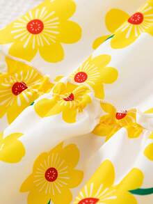 BASUSARRI 度假风斜肩印花连衣裙，优雅女士连衣裙，百搭时尚少女度假沙滩外出连衣裙，夏季女童连衣裙 - 黃色 - 查看 6