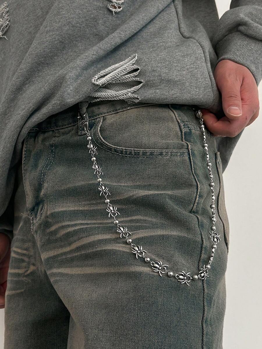 1件复古摇滚嘻哈风3D蜘蛛CCB珠几何链条组合吊坠金属裤链，朋克高端休闲极简街头风夸张百搭时尚男士裤链礼物 - 褲鏈 - 查看 1