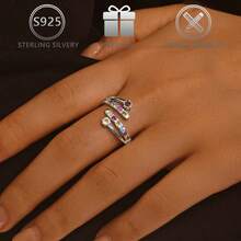 1 pieza Anillo abierto de plata de ley 925 con circonita cúbica incrustada, adecuado para uso diario casual, fiestas, bodas, vacaciones, cumpleaños, regalo del Día de San Valentín para mujeres - Plateado - Ver 2