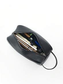 HOVI'S Men's Black Plaid Textured PU Leather Clutch Bag - Dual Zipper Design Wrist Strap, Large Capacity For Phone & Daily Items, Business Casual, New Year & Valentine's Day Gift - Black - View 2