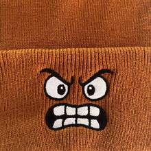 刺绣针织帽，动漫周边，生气表情，套头衫，可爱羊毛帽，秋冬季，保暖，休闲 - 棕色 - 查看 4