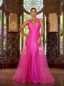 Faeriesty Đầm dạ hội thanh lịch dành cho nữ, thiết kế hở lưng cổ chữ V sâu gợi cảm, lớp vải lưới xuyên thấu, dáng đuôi cá, phù hợp cho các lễ hội âm nhạc, tiệc tùng trang trọng, dạ hội, đám cưới và lễ đón năm mới. - Màu Hồng Tươi - Xem 4