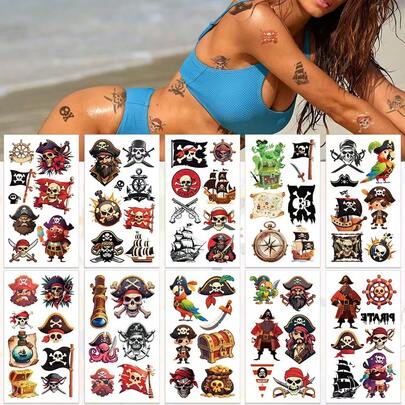 10pcs Vintage Pirate Temporary Tattoos, Cool Unisex Body Art Stickers For Party, Music Festival, Gift, Colorful Tattoo Stickers