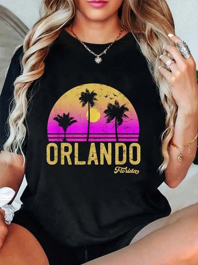 100% Cotton Orlando Florida Retro Vintage Sunset T-Shirt Women's Vintage Relaxed Fit Tee Premium Soft Tops Printing Round Neck Fashion Shirts