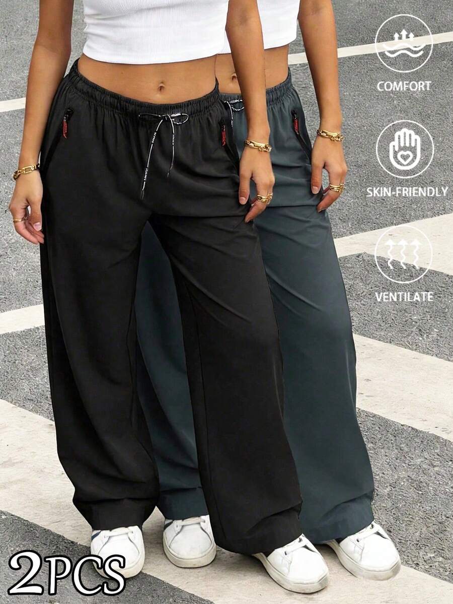 2pcs/Set Women's Lightweight Drapey Wide Leg Pants, Comfortable Skin-Friendly Fabric With Adjustable Elastic Drawstring, Solid Color Casual Style, Suitable For Spring/Summer Wear, Outdoor Hiking, Climbing. Perfect Gift For Girlfriend - Multicolor - View 1