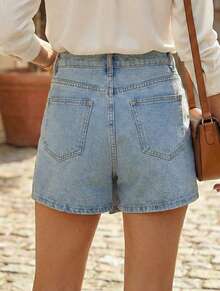 Short Skirt With Button, High Waist, Asymmetrical Design, With Back Pocket, Casual, Elegant, Cute, Party, Cotton, Zipper, Asymmetrical Button, Short Skirt, Vacation, Daily, Airport Clothes, Summer - 中等水洗藍 - 查看 2