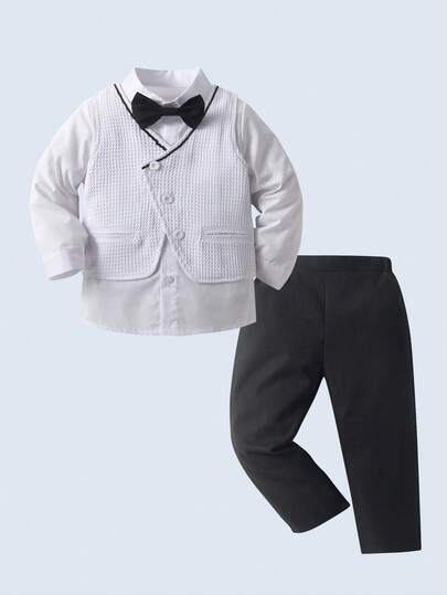 BOARNSEORL 3pcs Young Boys Gentleman Outfit - White Shirt With Bow Tie, Waffle Vest, And Trousers, Fashionable And Dapper, Suitable For Boys Formal Wear, Weddings, Birthday Parties, And Ceremonies