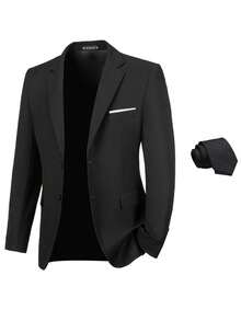 2pcs Men's Elegant Solid Color Single-Breasted Long Sleeve Slim Fit Suit Set With Tie, Suitable For Party, Wedding, Commute, Business, Evening, Old Money Style, Black, Size XS-XXXL - Black - View 9