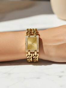 Guess 1件女士时尚石英表，不锈钢方形表壳，闪亮水钻表盘，适合多种场合。完美适用于旅行、派对、送礼和日常佩戴。W95088L1 W0072L1 W0072L3 - 金色 - 查看 5