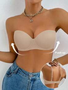 Hersunei 蜜桃女孩米色亮面提拉支撑文胸，抹胸款式，可拆卸肩带，提拉丰满胸部，透气时尚的背部设计，适合日常穿着 - 米色 - 查看 3