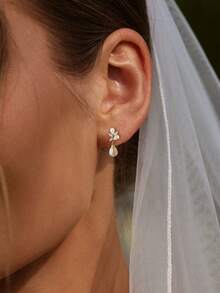 14K镀金CZ珍珠新娘耳环，低过敏镀金耳环，优雅新娘珍珠首饰，女士款 - 鋯石珍珠吊墜耳環 - 查看 10