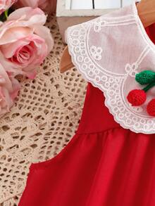 女童红色连衣裙 夏季蕾丝娃娃领樱桃刺绣无袖连衣裙 时尚公主裙 - 紅色 - 查看 3