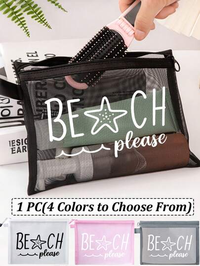 Multi-Color Waterproof Fashion Mesh Fabric Beach Bag, Make Up Bag With "Beach Please"Color Printing, Beach Theme, Starfish, Waves. Large Capacity Transparent Cosmetic Bag, Toiletry Bag With Nylon Zipper