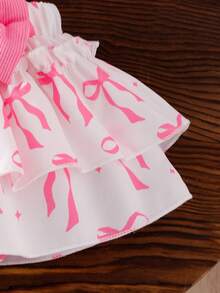 3pcs Baby Girl Princess Style Set: Ruffled Trim Button Decor Cap Sleeve Pink T-Shirt, Butterfly Print Double-Layer Cake Skirt With Bow Decor, And Bow Headband - Pink - View 6