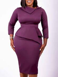 Women's Midi Dress, 3/4 Sleeve, Asymmetrical Neckline, Elegant & Comfortable, Asymmetric Waist With Ruffle Hem Design, Flattering Silhouette, Suitable For Work, Office, Daily Wear, Spring/Autumn - Purple - View 1