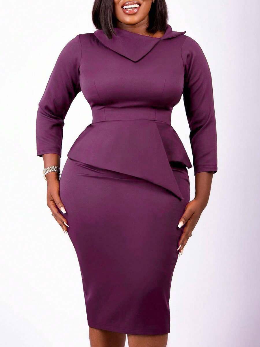 Women's Midi Dress, 3/4 Sleeve, Asymmetrical Neckline, Elegant & Comfortable, Asymmetric Waist With Ruffle Hem Design, Flattering Silhouette, Suitable For Work, Office, Daily Wear, Spring/Autumn - Purple - View 1