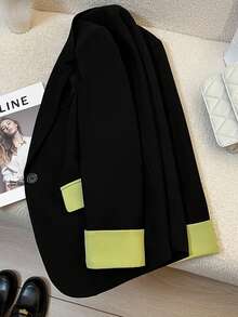 Women's Spring Fashion Black & Green Contrast-Paneled Casual Blazer Coat - Black - View 6