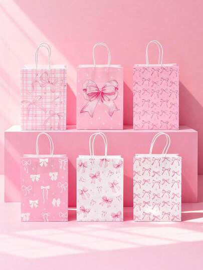 6Pcs Pink Bow Paper Gift Bags,Pink Bow Themed Party Favor Bags,BabyShower Goodie Bags,Small Kraft Paper Bags,Paper Tote Bags,Pink Birthday Decorations,Birthday Wedding & Bachelorette Party Decorations,Bridal Shower Decor,Holiday Gift Packaging Bags,Handheld Bags,Shopping Bags,Paper Tote Bags,Bow Decor,Babe Shower Gift ﻿