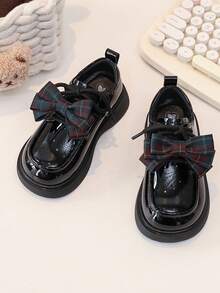 1 Pair Girls' British Style Leather Shoes, New Spring/Autumn Plaid Bow Princess Shoes, Children Soft Bottom Performance Shoes - Black - View 2