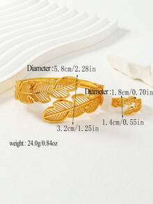 2pcs Middle Eastern Ramadan Hollow Feather Textured Wide Bangle & Ring Jewelry Set, Best Gift For Family And Friends - Yellow Gold - View 4
