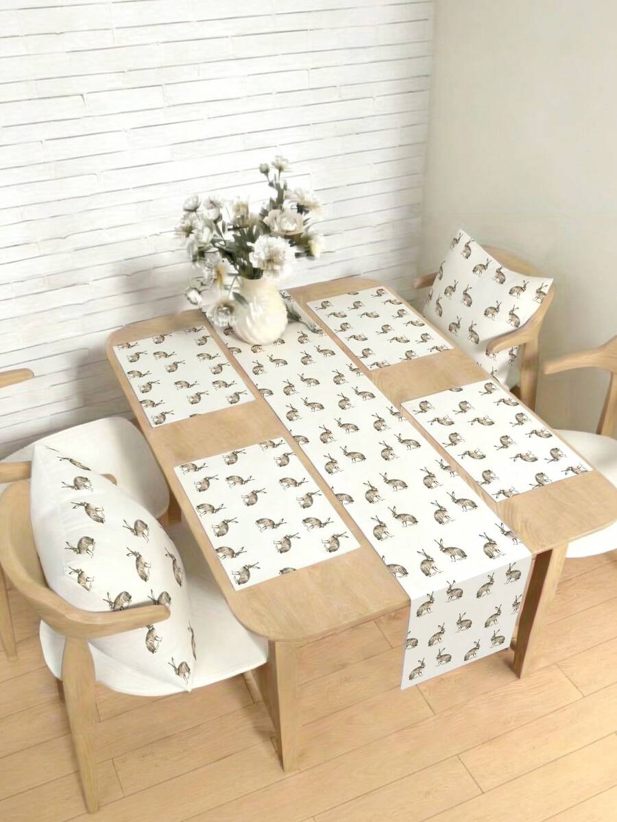 1/4/5/6/7pcs Easter Decoration Set, Rabbit, Easter Bunny, Easter Eggs, Happy Easter, Home Decor Set, Living Room Decor, Bedroom Decor, Dining Room Decor, Faux Linen Material, Multiple Sizes Available, Dining Table Decor, Fireplace Scarf, Placemats, Coasters, Home Accents - Multicolor - View 1