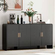 ONBRILL 60" Sideboard Buffet Cabinet With Storage, Curved Design Farmhouse Coffee Bar Cabinet With 4 Doors & Adjustable Shelves, Mid-Century Modern Sideboard Cabinet For Living Room, Kitchen, Hallway, Black - 黑色 - 查看 10