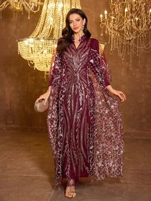 UNITHORSE 女士 V 领长袖系带亮片网纱连衣裙 - 酒紅色 - 查看 2