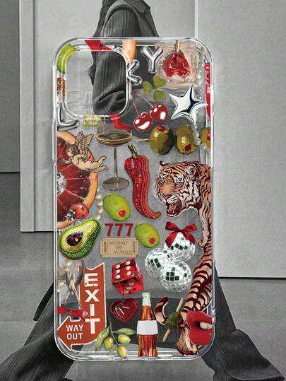 Y2K Retro Collage Style Transparent Anti-Drop Phone Case, Tiger, Disco Ball, Cherry, Dice Pattern Protective Cover, Compatible With IPhone & Galaxy,International Version, Not The Domestic Version