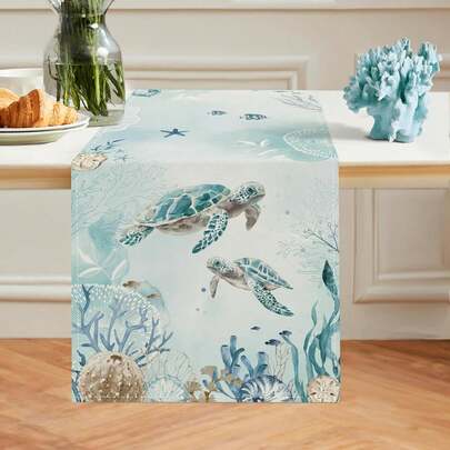 1PC Spring Turtle Table Runner 33x 183 Cm Nautical Coastal Teal Ocean-Themed Summer Kitchen Dining Table Decoration Indoor Outdoor Home Party Decor