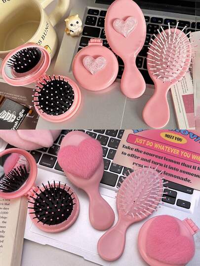 Hjärtformad ABS-plast hopfällbar spegelkam, söt luftkuddeborste, mini bärbar kompakt, perfekt alla hjärtans dag-present och flickvänlig