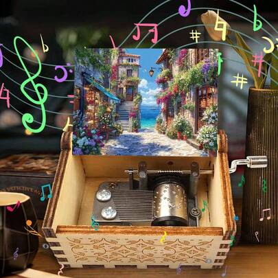 Hand Crank Music Box - No Battery Wooden Music Box With Mediterranean Street Art, Plays "You Are My Sunshine" - Ideal Gift For Her