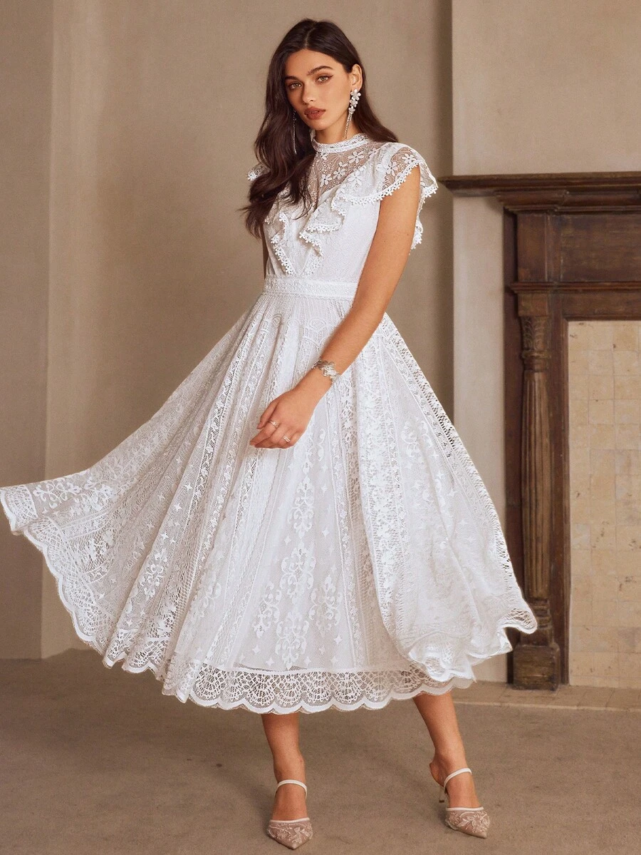 Simplee 女士春夏新款优雅蕾丝边拼接连衣裙，喇叭裙摆，适合婚礼和派对等场合，白色