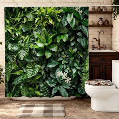 1pc Tropical Green Plant Shower Curtain With Hooks, Fresh Botanical Shower Curtain, Fern Flower Shower Curtain Suitable For Spa Bathroom Decor, Vibrant Leaf Bathroom Supplies, Nature Lover Relaxing Bathroom Items, Modern Bathroom Meditation Shower Curtain, Durable Jungle Theme Home Decor Shower Curtain
