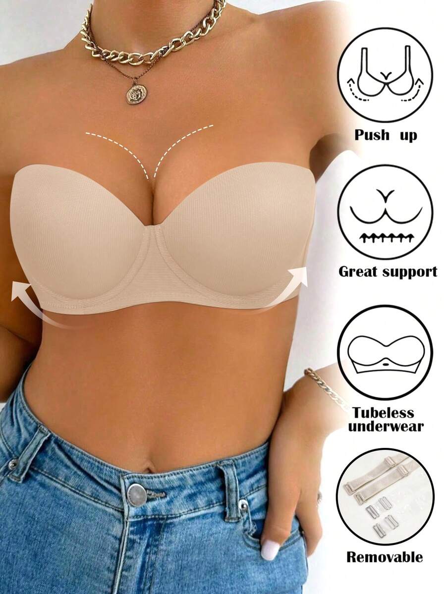 Hersunei 蜜桃女孩米色亮面提拉支撑文胸，抹胸款式，可拆卸肩带，提拉丰满胸部，透气时尚的背部设计，适合日常穿着 - 米色 - 查看 1