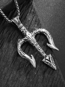 1件新款时尚复古海王星三叉戟吊坠水手鱼叉项链，护身符首饰礼物，男女皆宜 - 銀色 - 查看 4