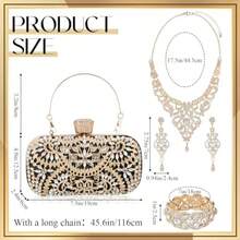 Quelay 4 Pcs Purse Rhines Jewelry Set Evening Clutch Bag Bling Crystal Necklace Dane Earrings Bracelets Accessories - Oro, negro - Ver 2