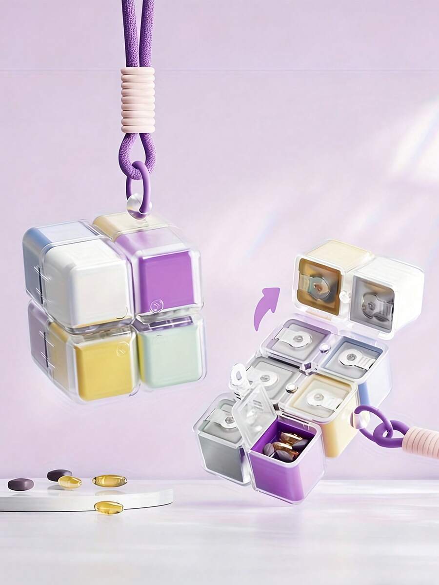 这款有趣的药盒共有8个隔层，带有药片分隔片，可用作周药盒、储物盒、大容量药盒、日药盒或便携式旅行药盒（配有挂绳）。轻巧防潮，适合存放维生素、药片、营养补充剂和鱼油。 - 彩色 - 查看 1