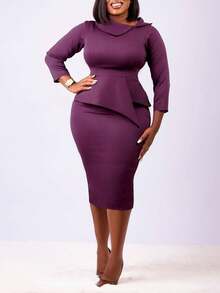 Women's Midi Dress, 3/4 Sleeve, Asymmetrical Neckline, Elegant & Comfortable, Asymmetric Waist With Ruffle Hem Design, Flattering Silhouette, Suitable For Work, Office, Daily Wear, Spring/Autumn - Purple - View 4