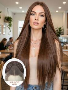 Elegant Brown Lace Front Wig For Women - Natural Look, Heat Resistant Synthetic Fiber, Long Straight Hair, 13x4 Lace Area, Suitable For Daily Wear And Parties, Valentine's Day Use, Synthetic Lace Front Wig - Brown - View 1