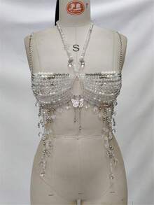 GLOSSMOON Handmade Crystal Beaded Body Chain Bra - Resin Tassel Chest Chain - Boho Beach Party & Rave Jewelry For Women  Moonlit Crystal & Resin Body Chain | Ultimate Mermaidcore Aesthetic | Lightweight Festival Rave Top Jewelry - 白色 - 查看 7