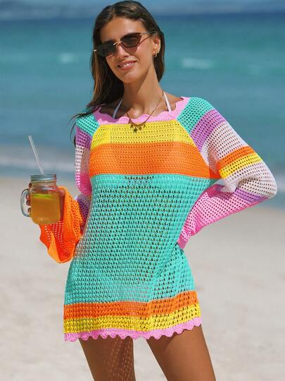 popvil Vestido de playa de ganchillo con bloqueo de color de manga larga y calado para mujer, ideal para vacaciones y días de playa