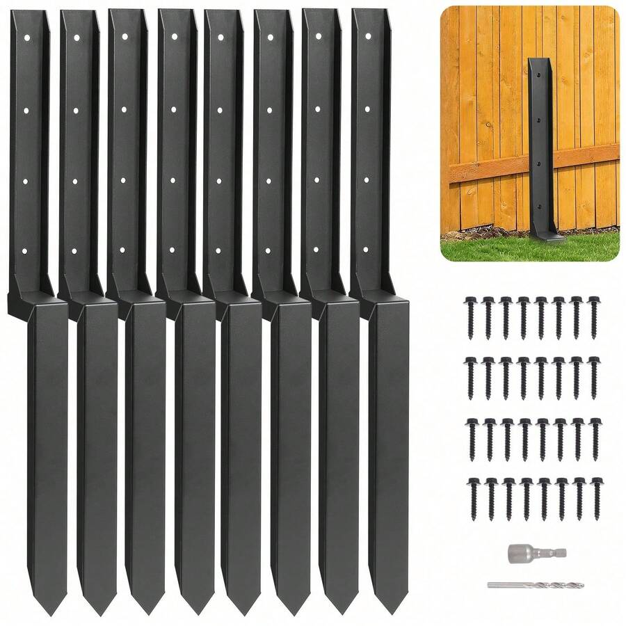 GCCSJ Fence Post Repair Kit 2/4/8 Pack – Heavy Duty 33.5 Inch Steel Anchor Ground Stakes, One-Piece Spike For Leaning Or Broken Wooden Fence Repair, Rust Resistant Fence Post Support For Quick Fix (Black)