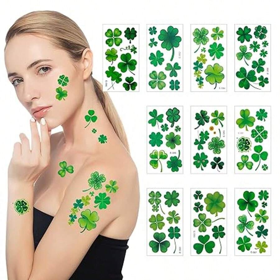 Patrick's Day Shamrock Temporary Tattoos & Face Stickers, Waterproof Saint Patrick's Day Clover Tattoos Art Make Up Deco Irish Party Favors - 綠色 - 查看 1